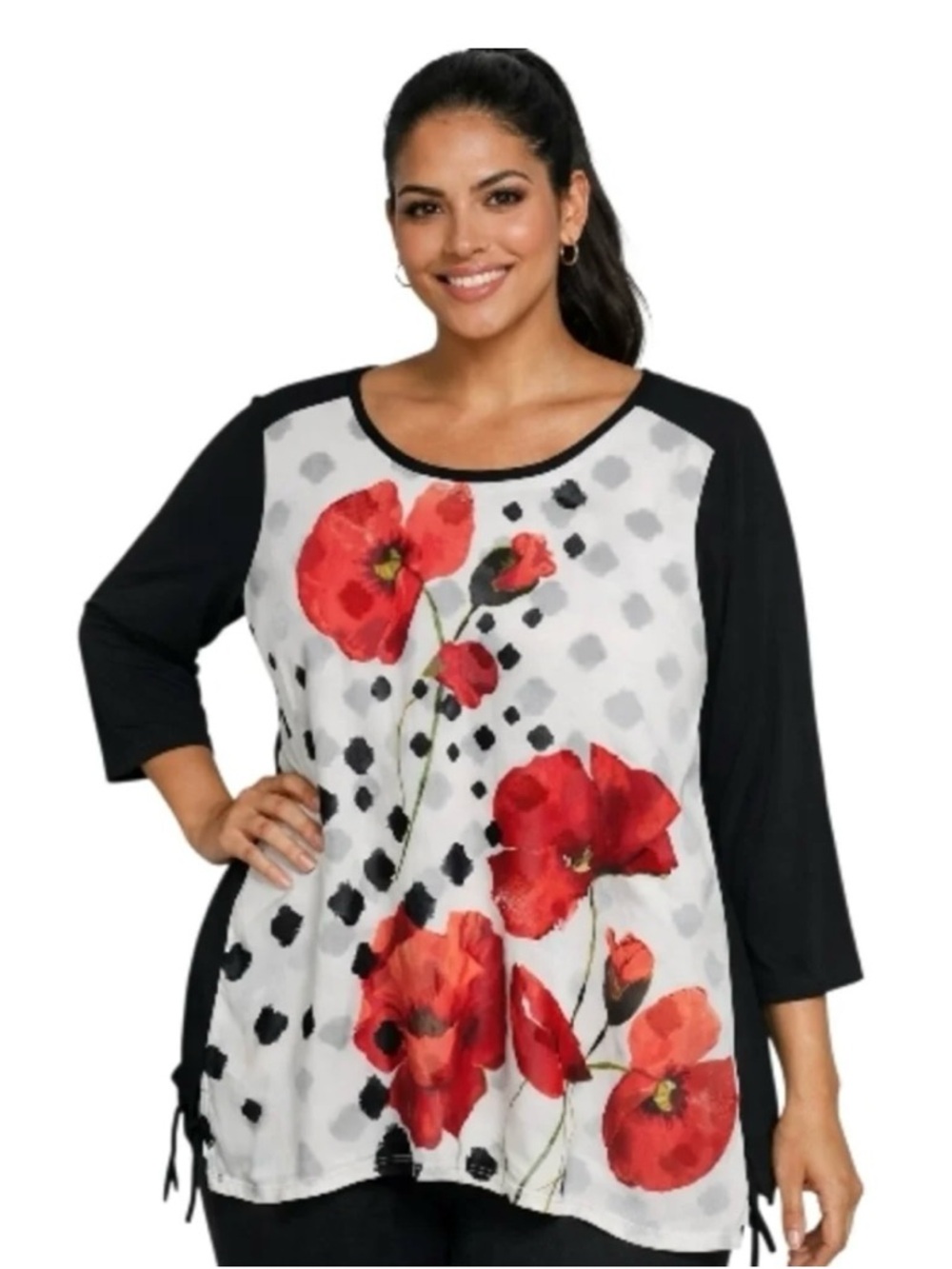 Chico’s Women’s Black & White Floral Long-Sleeve Top with Red Poppy Print